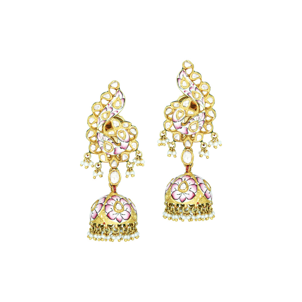 Polki Earrings with Pink Enamel Jhumkas and Pearls
